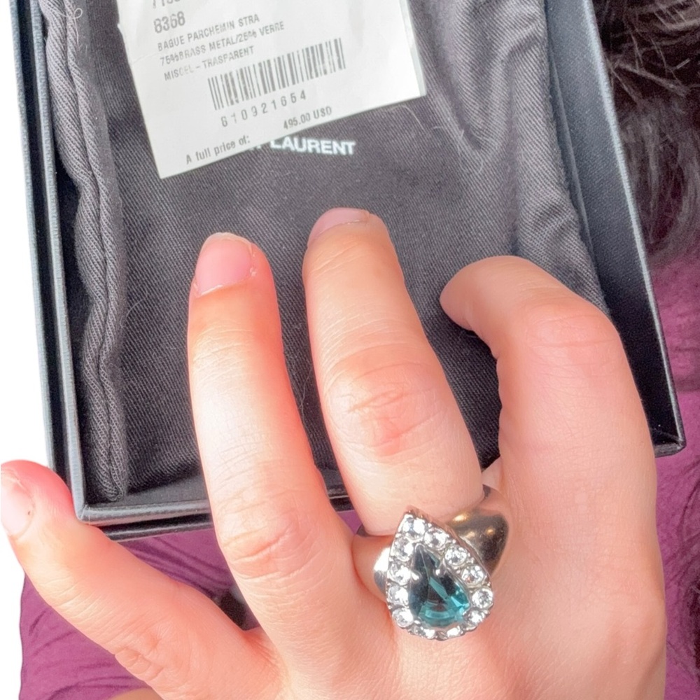 Saint Laurent Silver Ring Teardrop Blue Stone Size 7 - Picture 9 of 9